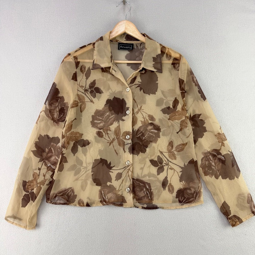VTG 90s Y2K Anxiety Floral Sheer Blouse Women L Brown Button Up Collard USA